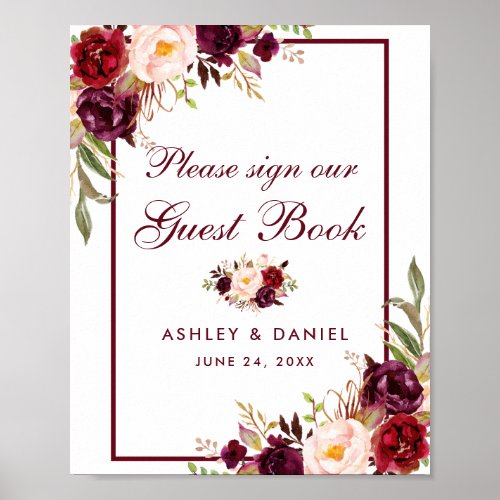 Burgundy Floral Wedding Guest Book Poster