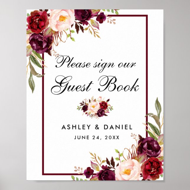 Burgundy Floral Wedding Guest Book Poster B (Front)