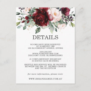Burgundy Floral Wedding Guest Details Information Enclosure Card