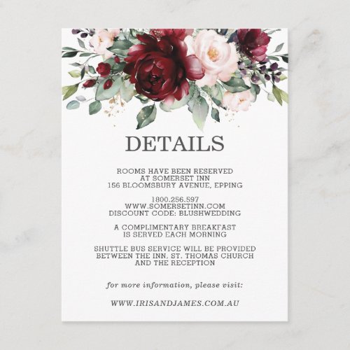Burgundy Floral Wedding Guest Details Information Enclosure Card