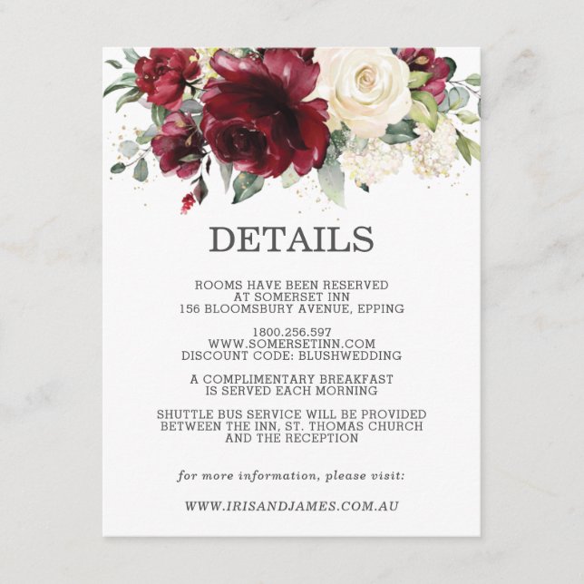 Burgundy Floral Wedding Guest Details Information Enclosure Card (Front)