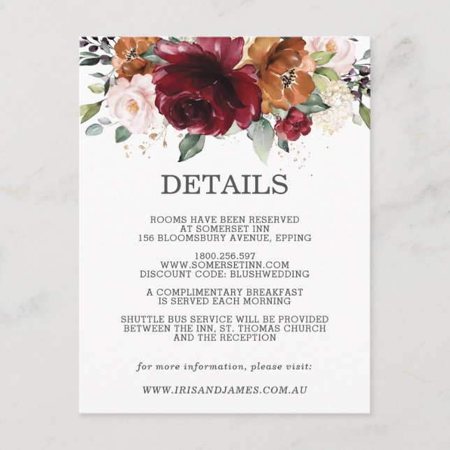 Burgundy Floral Wedding Guest Details Information Enclosure Card (Front)