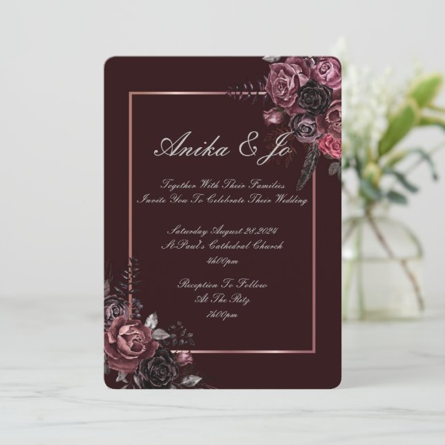 Burgundy floral wedding invitation  (Standing Front)
