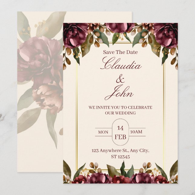 Burgundy Floral Wedding Invitation (Front/Back)