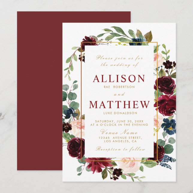 burgundy floral wedding invitation (Front/Back)