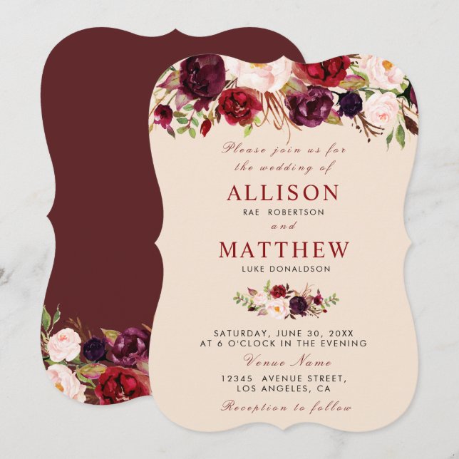 burgundy floral wedding invitation (Front/Back)