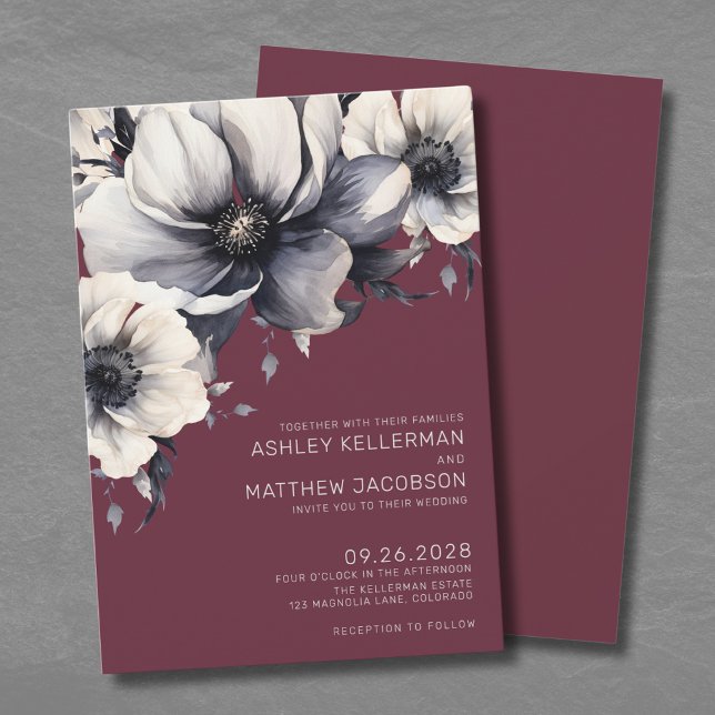 Burgundy Floral Wedding Invitation (Fall Romantic Burgundy Floral Wedding Invitation)