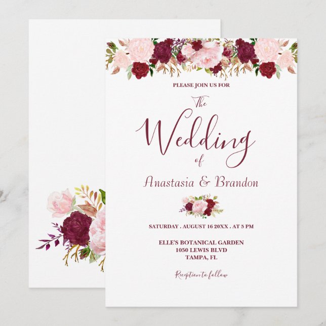 Burgundy Floral Wedding Invitation (Front/Back)