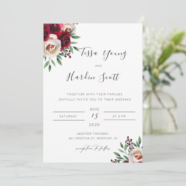 Burgundy Floral Wedding Invitation (Standing Front)