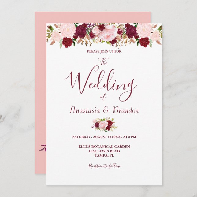 Burgundy Floral Wedding Invitation (Front/Back)