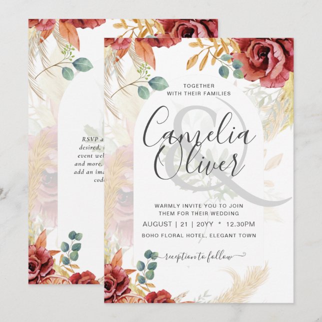 Burgundy Floral Wedding Invitation Digital Option (Front/Back)