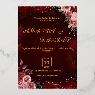 Burgundy Floral Wedding Invitation | Elegant Gold Foil Invitation
