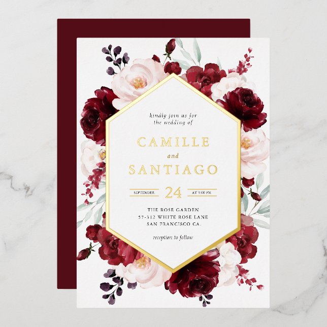 Burgundy Floral Wedding Invitation Foil Invitation (Front/Back)