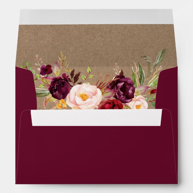 Burgundy Floral Wedding Invitation Kraft Envelope (Back (Bottom))