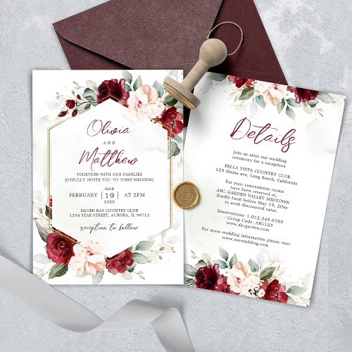 Burgundy Floral Wedding Invitation with Details