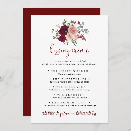 Burgundy Floral Wedding Kissing Menu Game Card