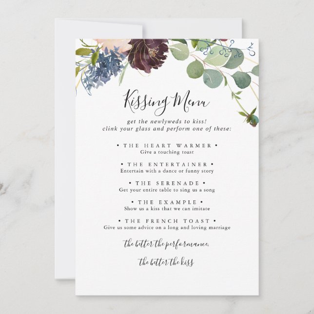 Burgundy Floral Wedding Kissing Menu Game Card (Front)