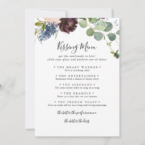 Burgundy Floral Wedding Kissing Menu Game Card