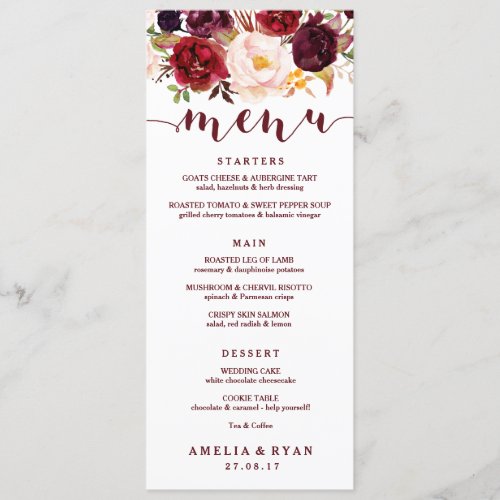 Burgundy Floral Wedding Menu Card