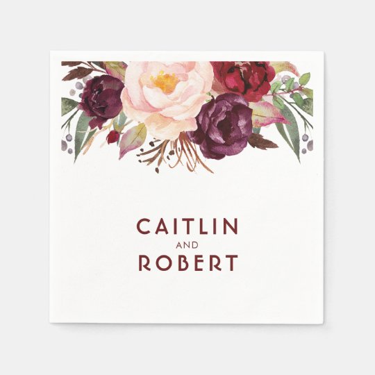 Burgundy Floral Wedding Paper Napkins