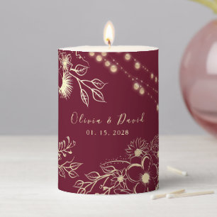 Burgundy Floral Wedding Pillar Candle