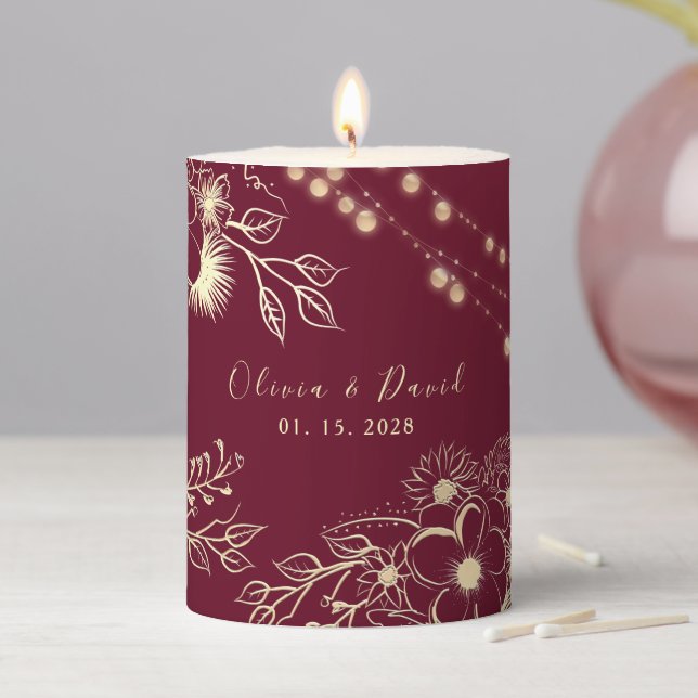Burgundy Floral Wedding Pillar Candle (In Situ)