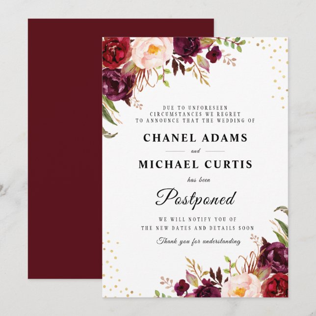 burgundy floral wedding postponement card (Front/Back)