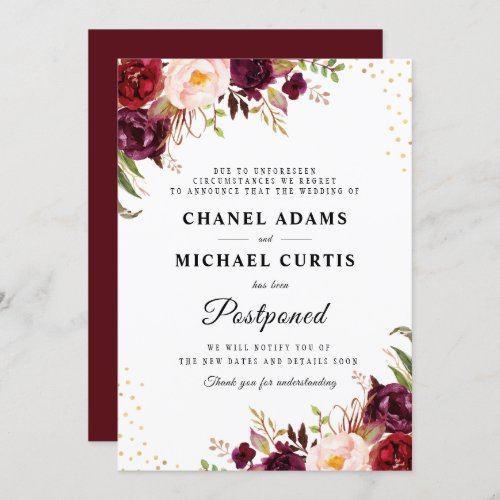 burgundy floral wedding postponement card