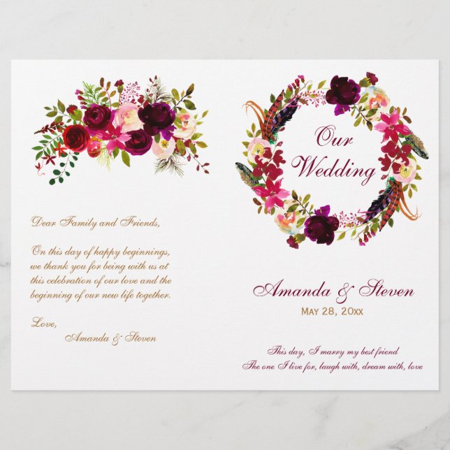 Burgundy Floral Wedding Program (Front)