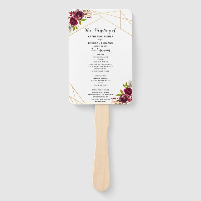 Burgundy Floral Wedding Program Fan (Front)