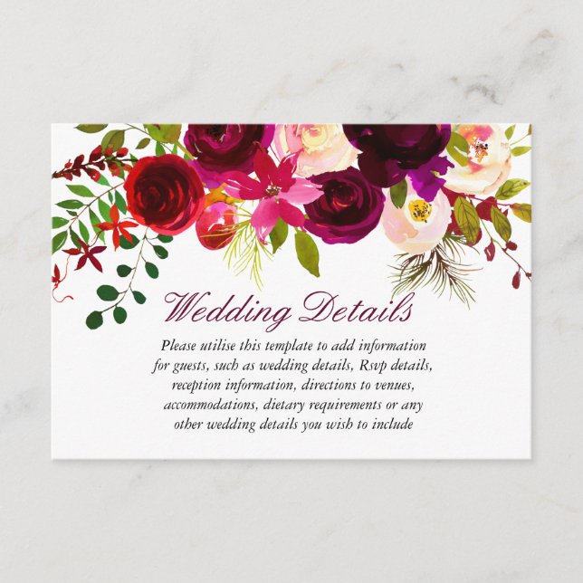 Burgundy Floral Wedding reception details Enclosure Card (Front)