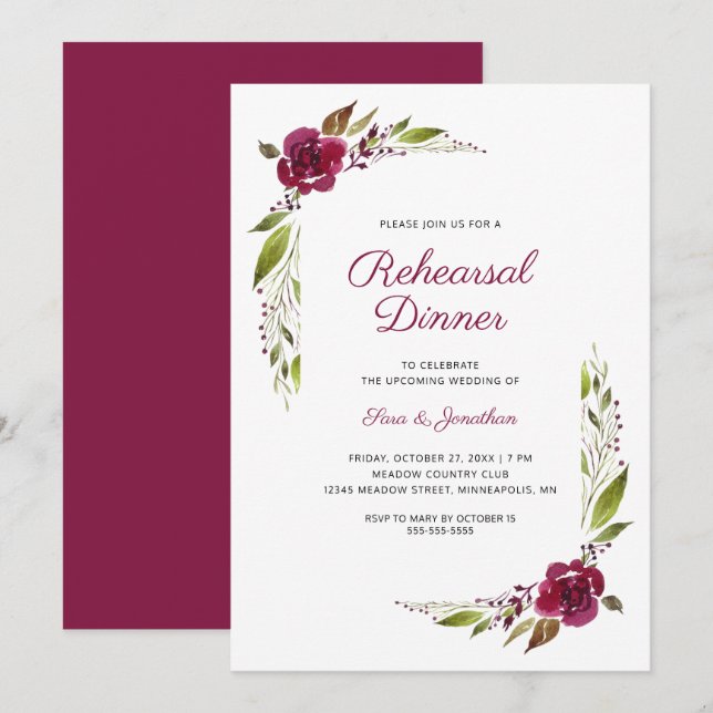 Burgundy Floral Wedding Rehearsal Dinner Invitation (Front/Back)
