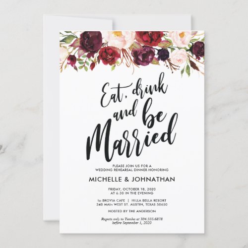 Burgundy Floral Wedding Rehearsal Dinner Invites