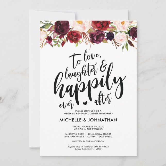 Burgundy Floral Wedding Rehearsal Dinner Invites (Front)
