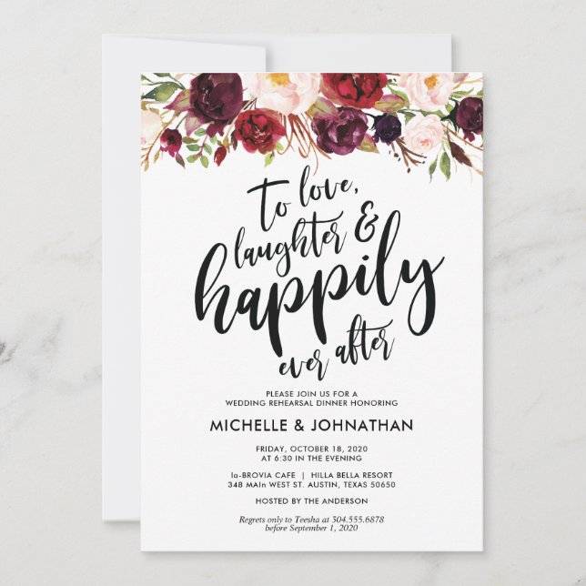 Burgundy Floral Wedding Rehearsal Dinner Invites (Front)