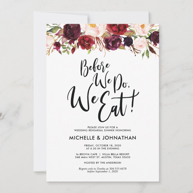 Burgundy Floral Wedding Rehearsal Dinner Invites (Front)
