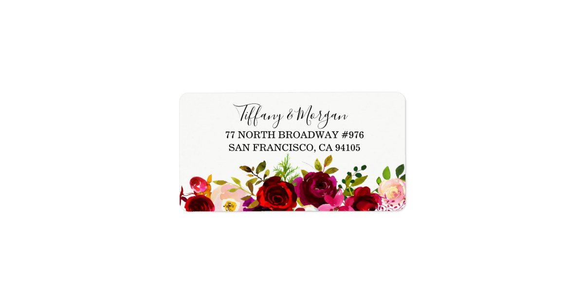 Burgundy Floral Wedding Return address label | Zazzle
