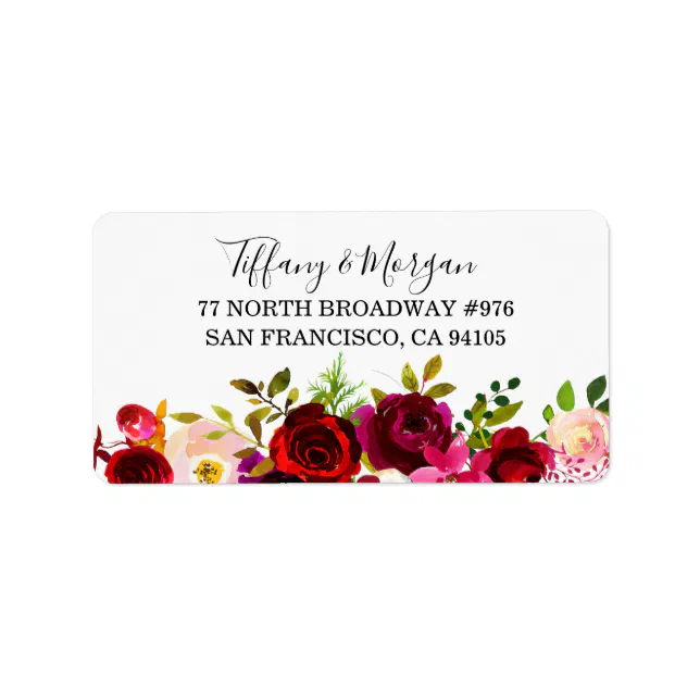 Burgundy Floral Wedding Return address label | Zazzle