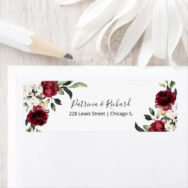 Burgundy Floral Wedding Return Address Label | Zazzle