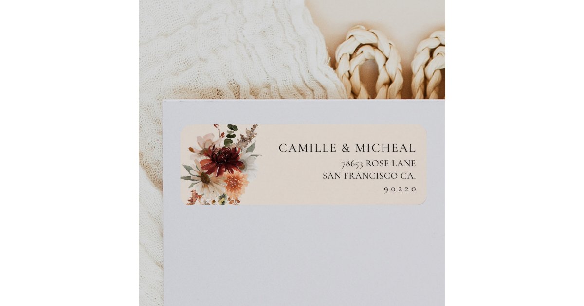 Burgundy Floral Wedding Return Address Label | Zazzle