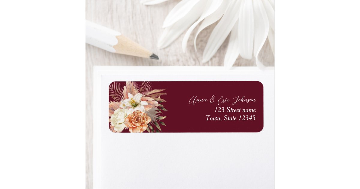 Burgundy Floral Wedding Return Address Label | Zazzle