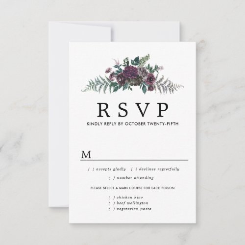 Burgundy Floral Wedding RSVP Card Meal Options