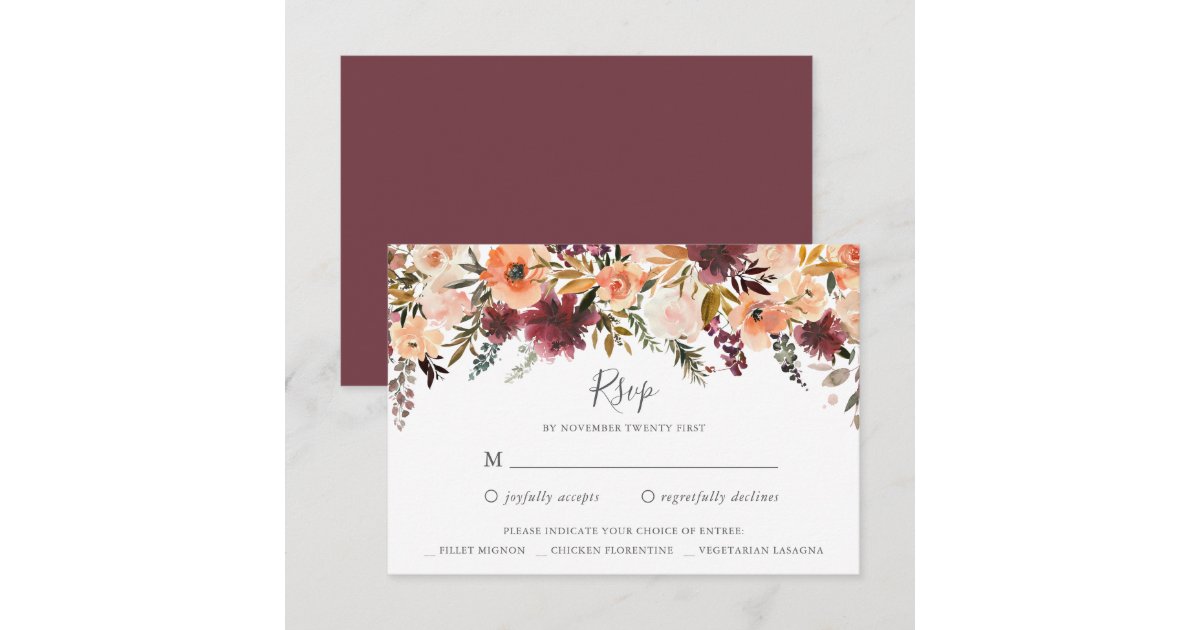 Burgundy Floral Wedding RSVP reply card | Zazzle