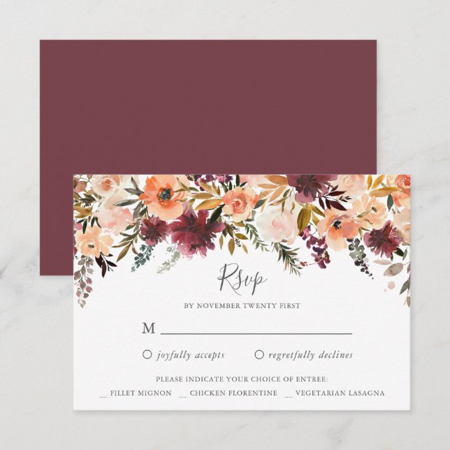 Burgundy Floral Wedding RSVP reply card (Front/Back)