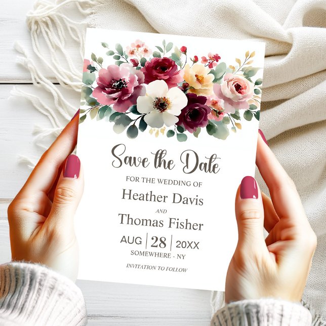 Burgundy Floral Wedding Save the Date Invitation (Creator Uploaded)