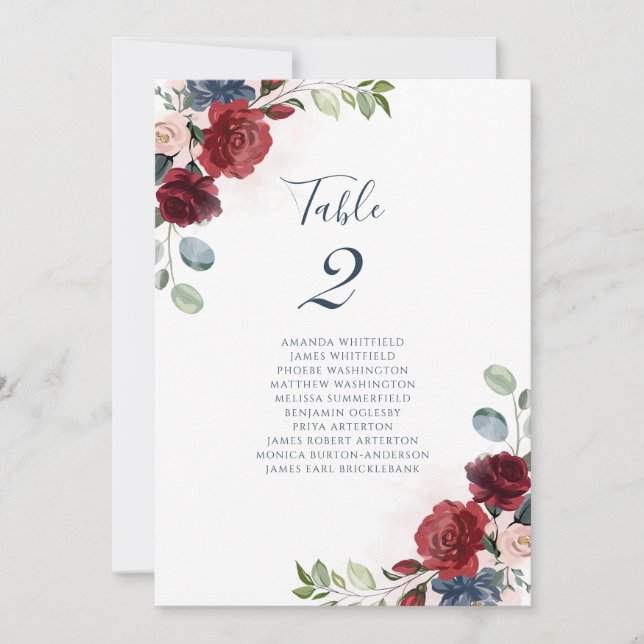 Burgundy Floral Wedding Script Table Number (Front)