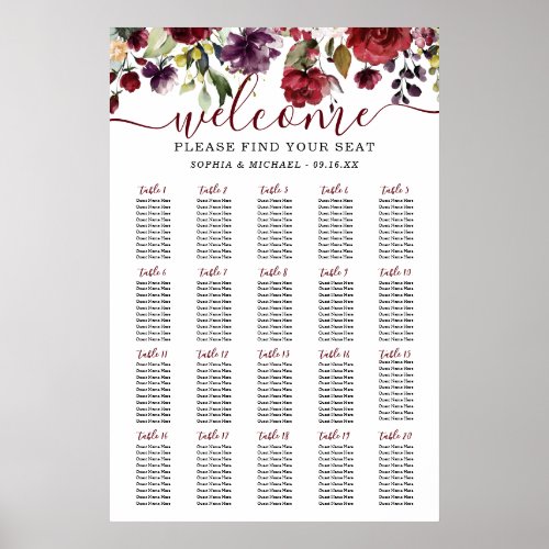 Burgundy Floral Wedding Seating Chart