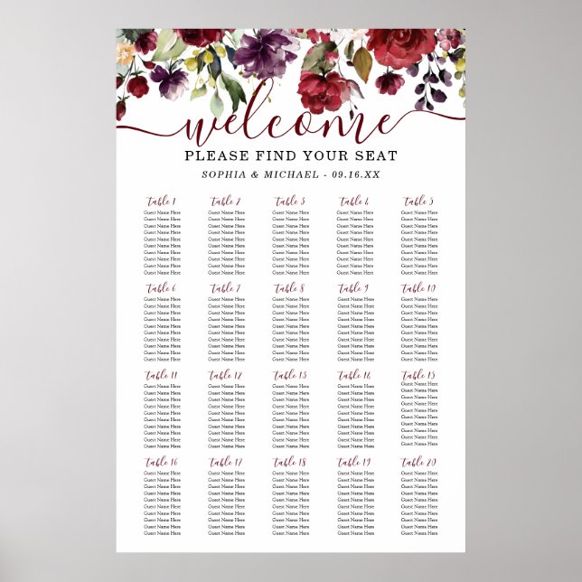 Burgundy Floral Wedding Seating Chart (Front)