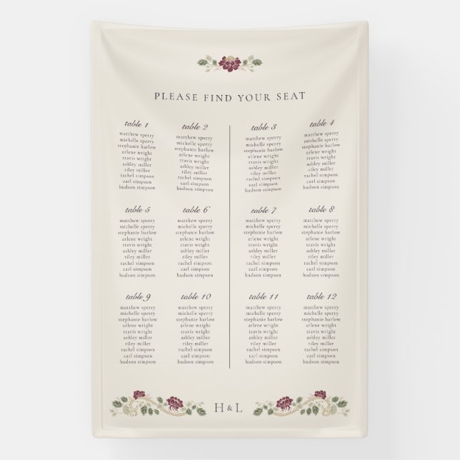 Burgundy Floral Wedding Seating Chart Sign (Vertical)