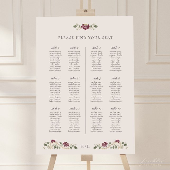Burgundy Floral Wedding Seating Chart Sign (Burgundy Floral Art Nouveau Wedding Seating Chart)